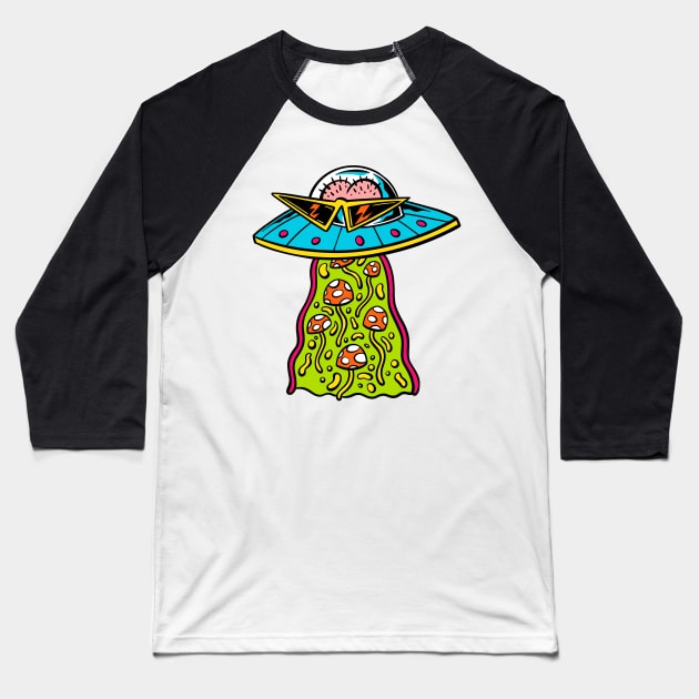 Mushroom Flying Saucer Baseball T-Shirt by Joe Tamponi